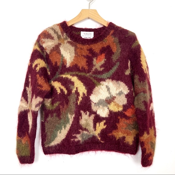 Vintage Sweaters - Vintage hand knit Mohair sweater floral maroon cream earthy petite cute cropped